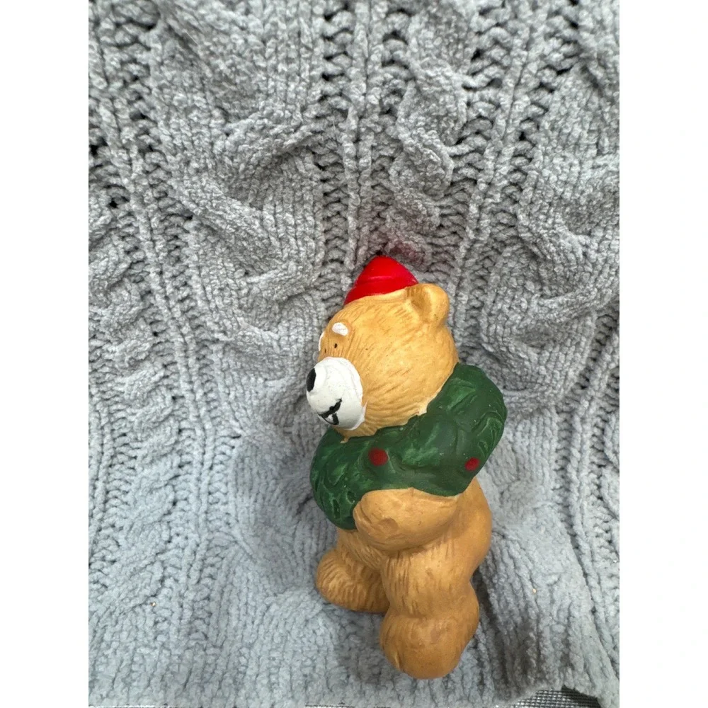 Vintage Ceramic Christmas Teddy Bear Ornament with Wreath and Red Hat‎ Holiday